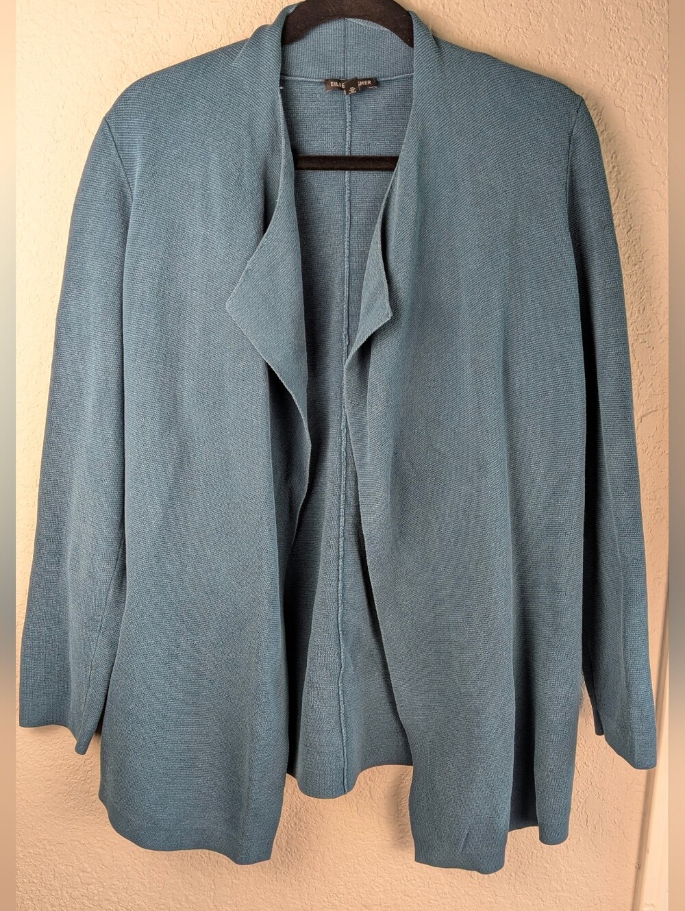 Eileen Fisher Knit Cardigan L Silk Organic Cotton Blend Teal Medium Weight Chic